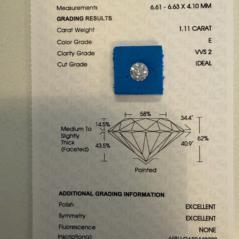 1.11ct IGI-Certified Lab-Grown Diamond-Round Brilliant ,E VVS2, Ideal Cut,HPHT